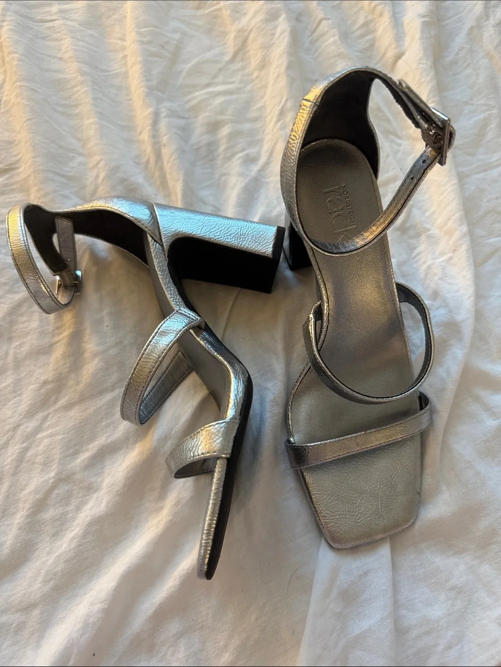 Nordstrom Rack Silver Strappy Block Heel Sandals - Metallic Women’s Size 5